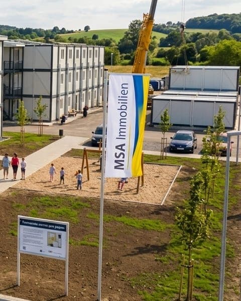 Spielplatz und Wege zwischen den Wohnmodulen