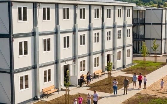 Eingänge der Wohnmodule mit Sitzbänken