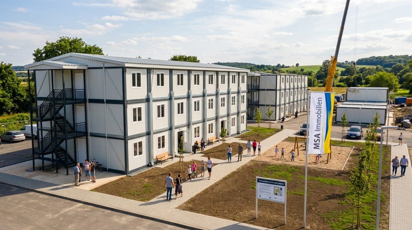 Wohnmodul-Siedlung mit Spielplatz, Gehwegen und MSA-Immobilien-Fahne